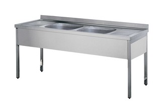 Inox spoeltafel met 2 bakken en 2 aanrechten 11100352